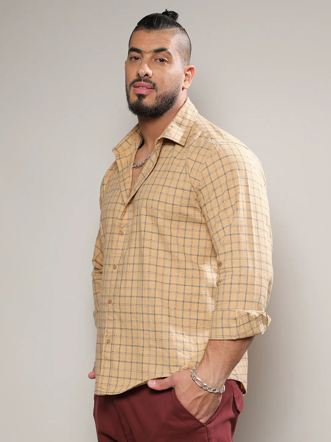 Beige Contrast Tartan Plaid Shirt