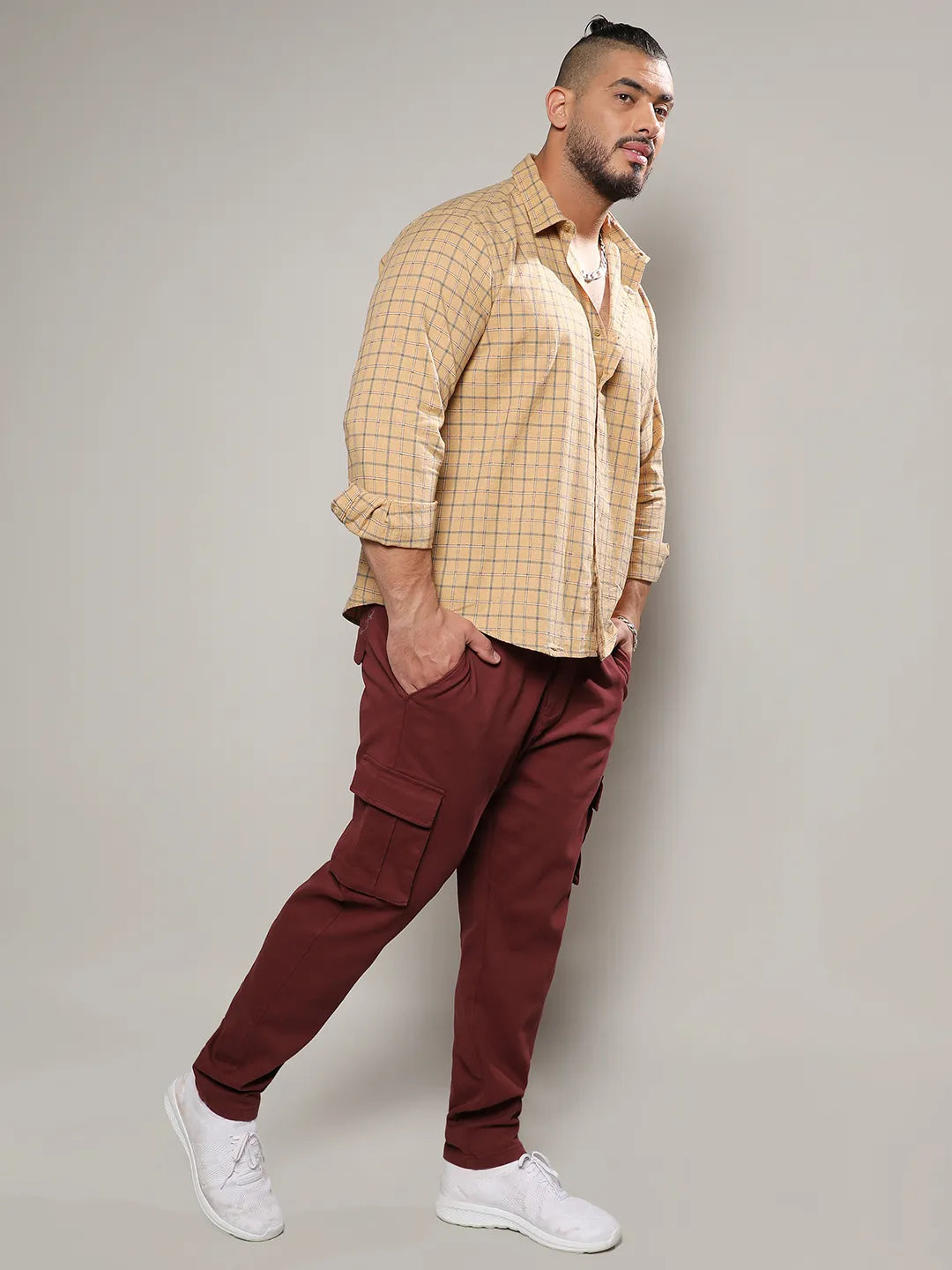 Beige Contrast Tartan Plaid Shirt