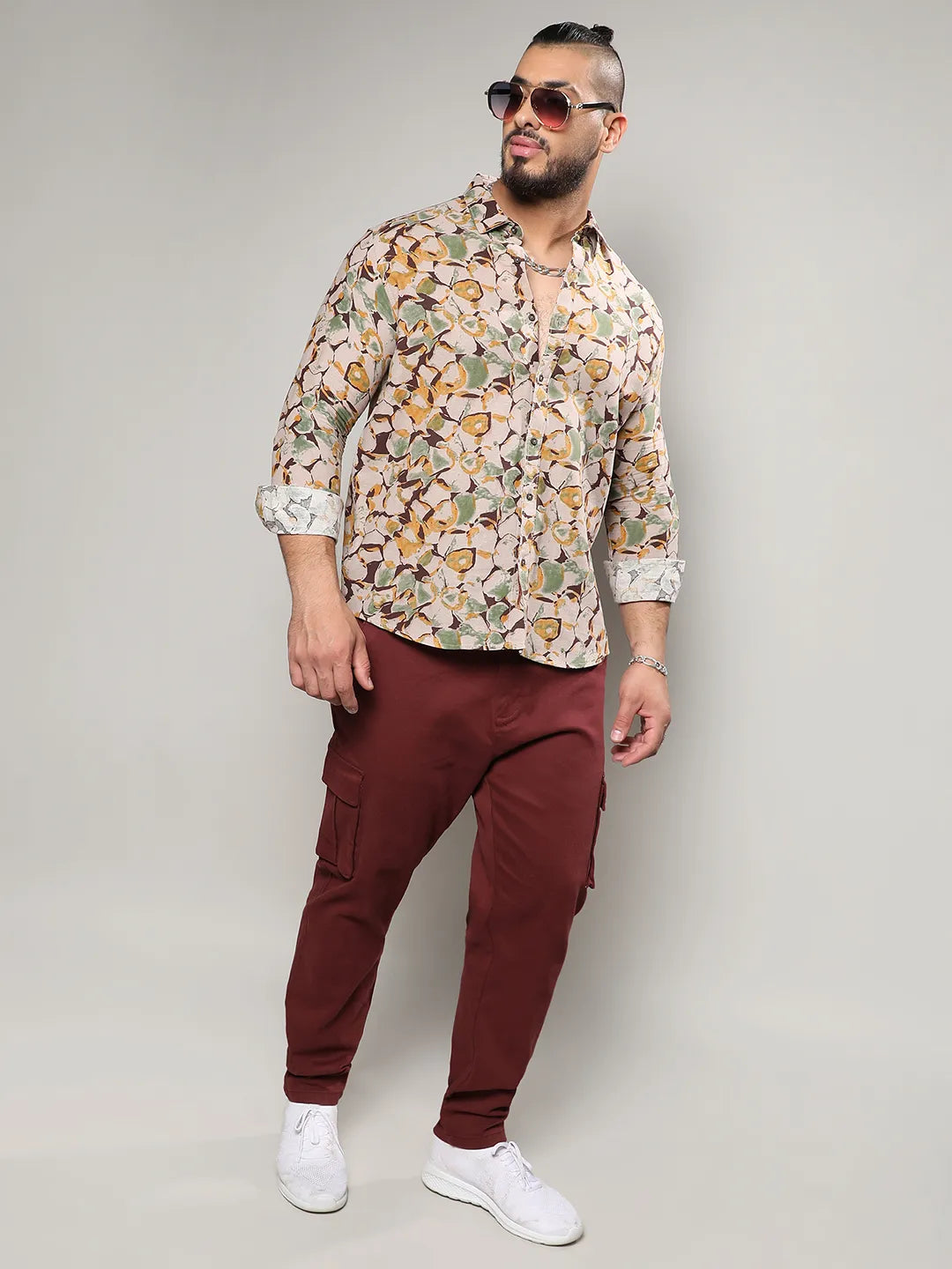 Beige & Green Artistic Floral Cluster Shirt