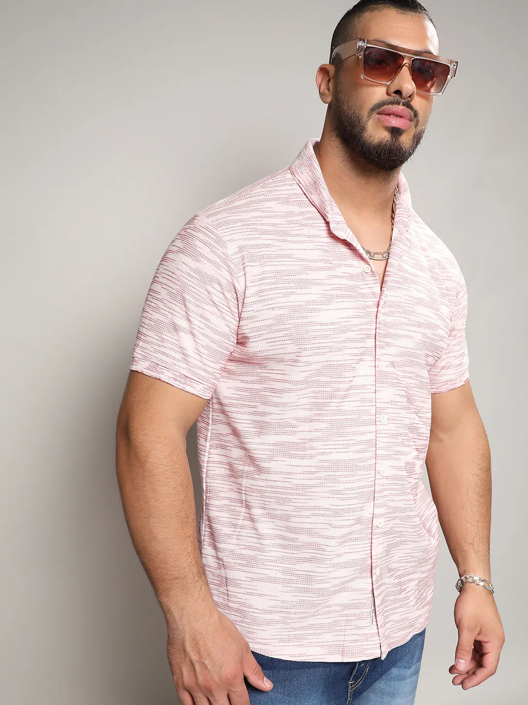 Blush Pink Textured Horizontal Striped Shirt