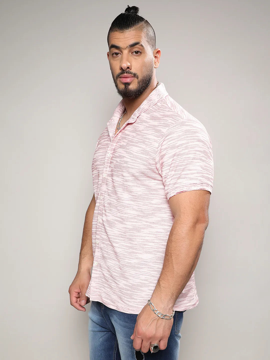 Blush Pink Textured Horizontal Striped Shirt