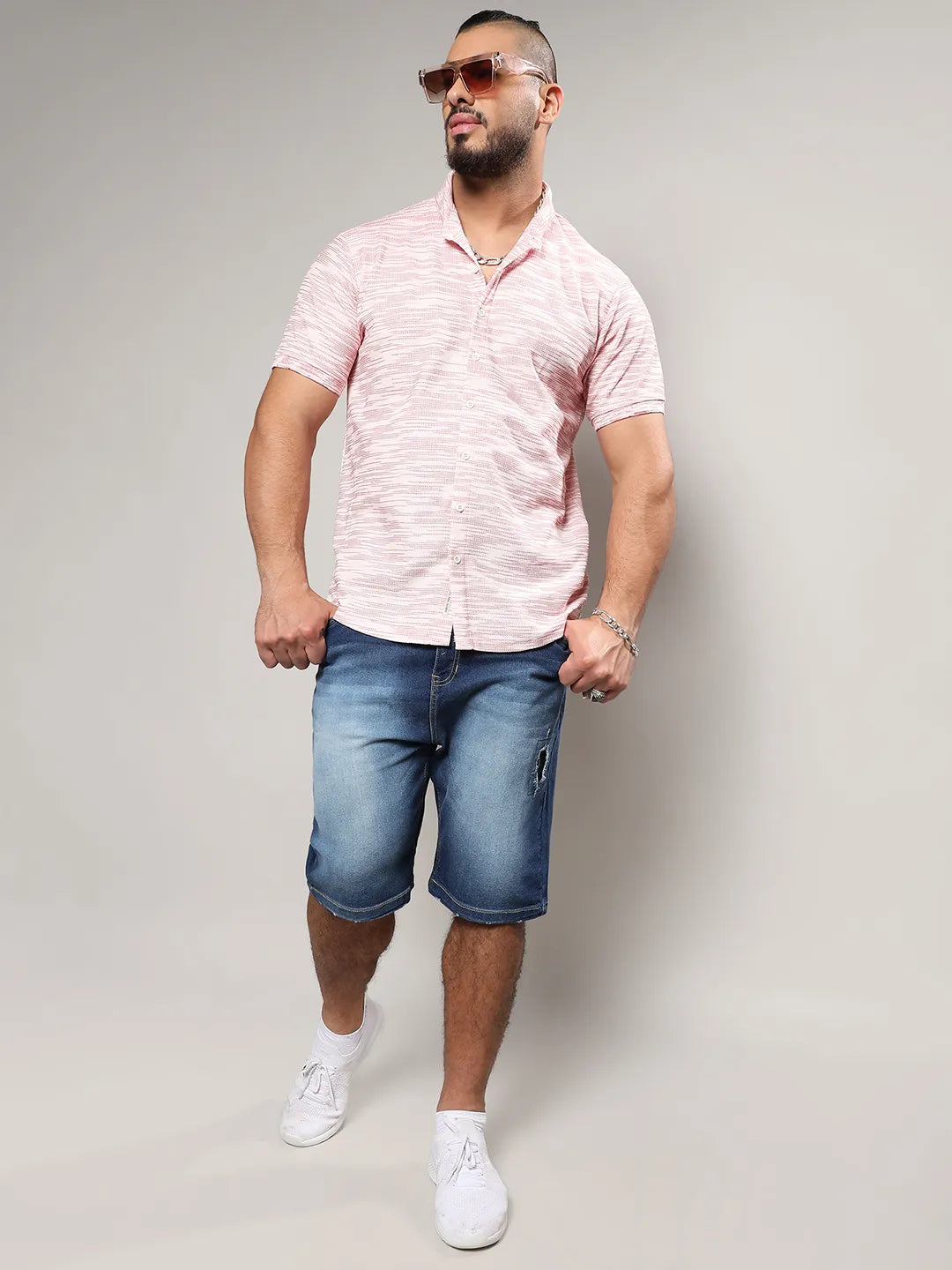 Blush Pink Textured Horizontal Striped Shirt