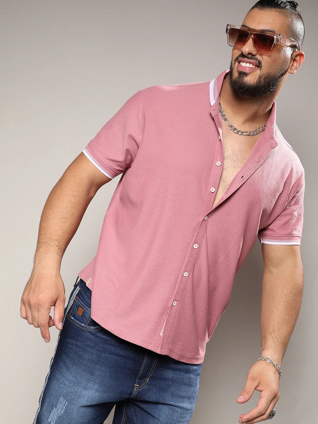 Coral Pink Honeycomb Knit Shirt
