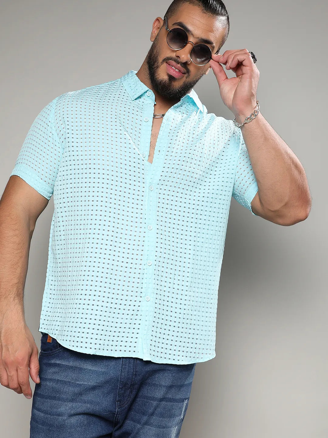 mens see through dress shirt Plus Size Men's Light Blue See-Through Square Shirt (3XL - 6XL)