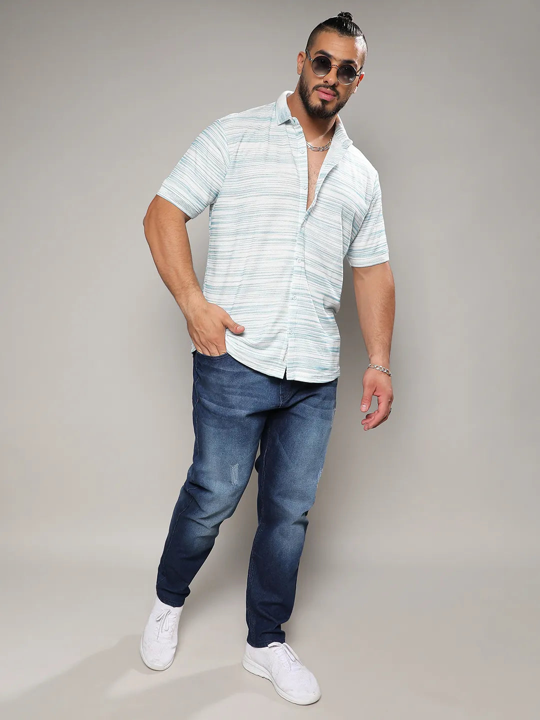 Light Blue & White Textured Horizontal Striped Shirt