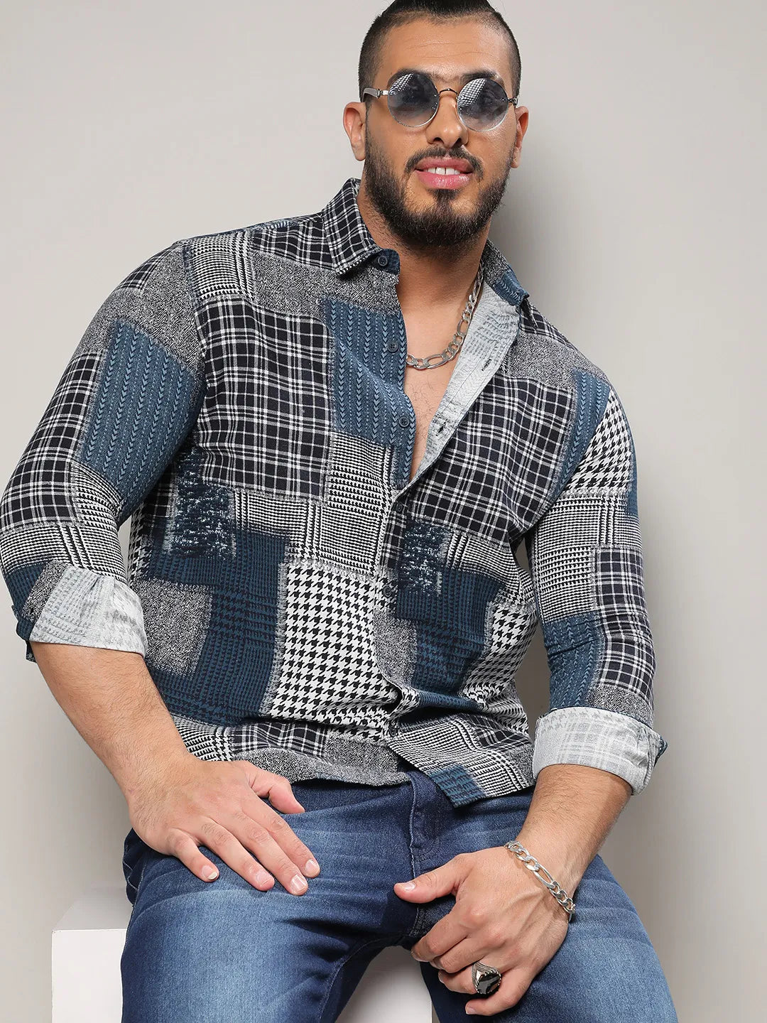 Navy Blue Herringbone Block Shirt