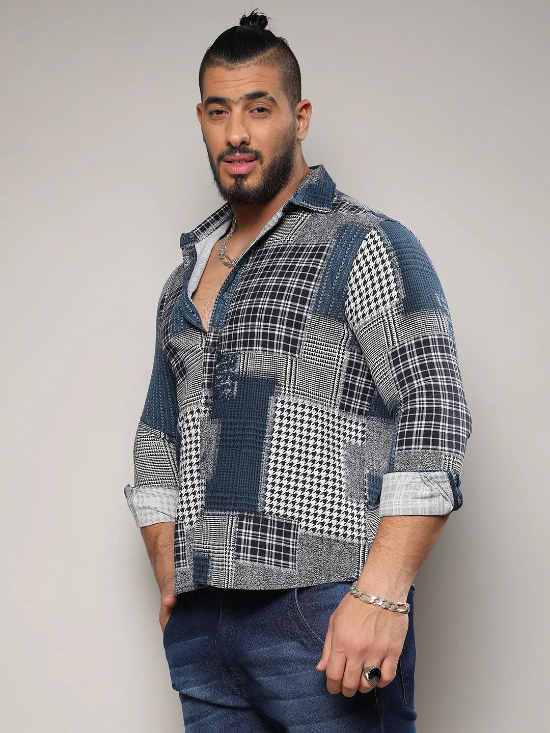 Navy Blue Herringbone Block Shirt