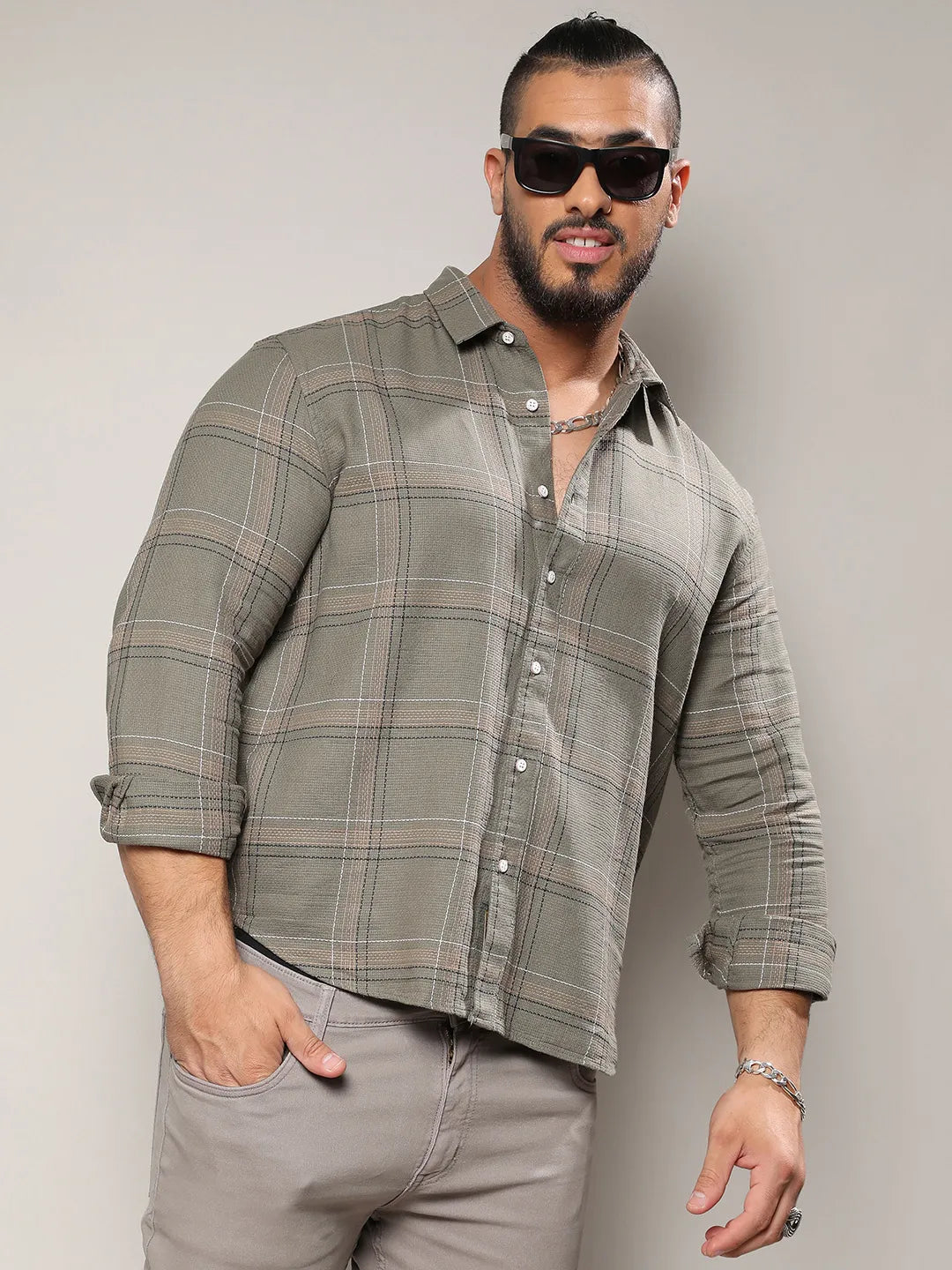 Olive Green Maxi Tartan Plaid Shirt