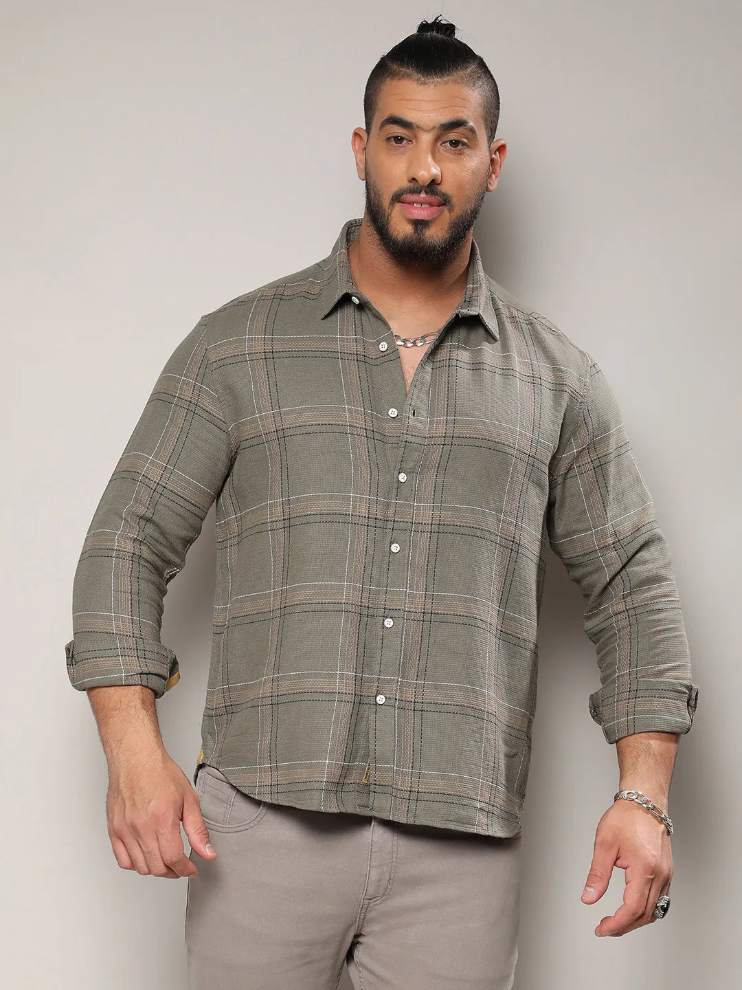 Olive Green Maxi Tartan Plaid Shirt