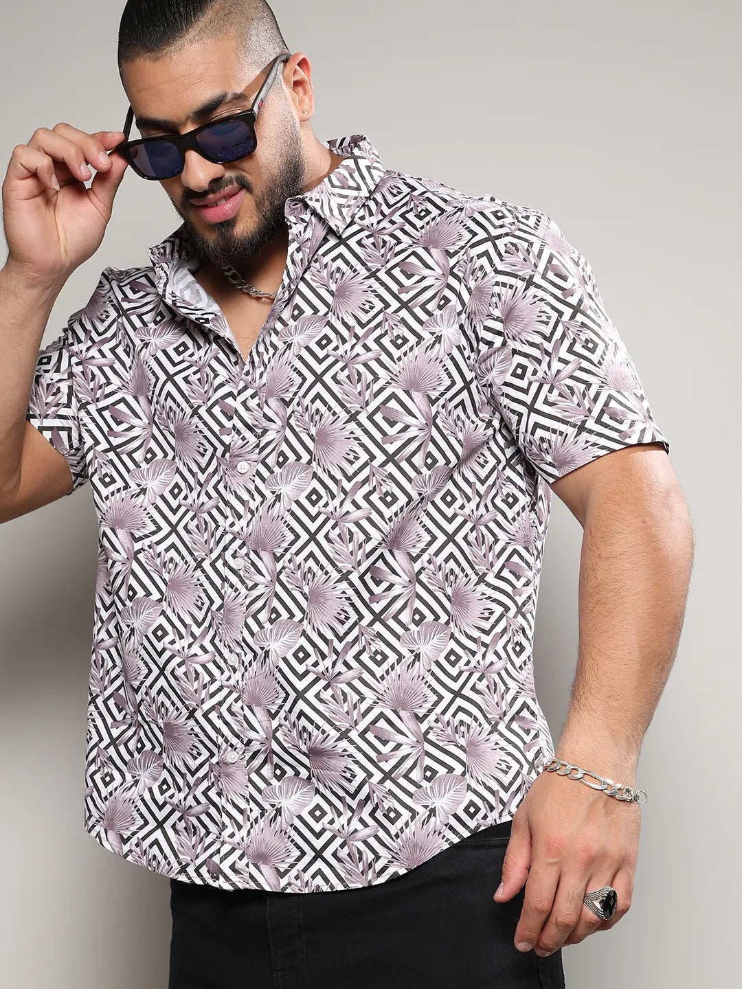 White & Black Geometric Foliage Shirt