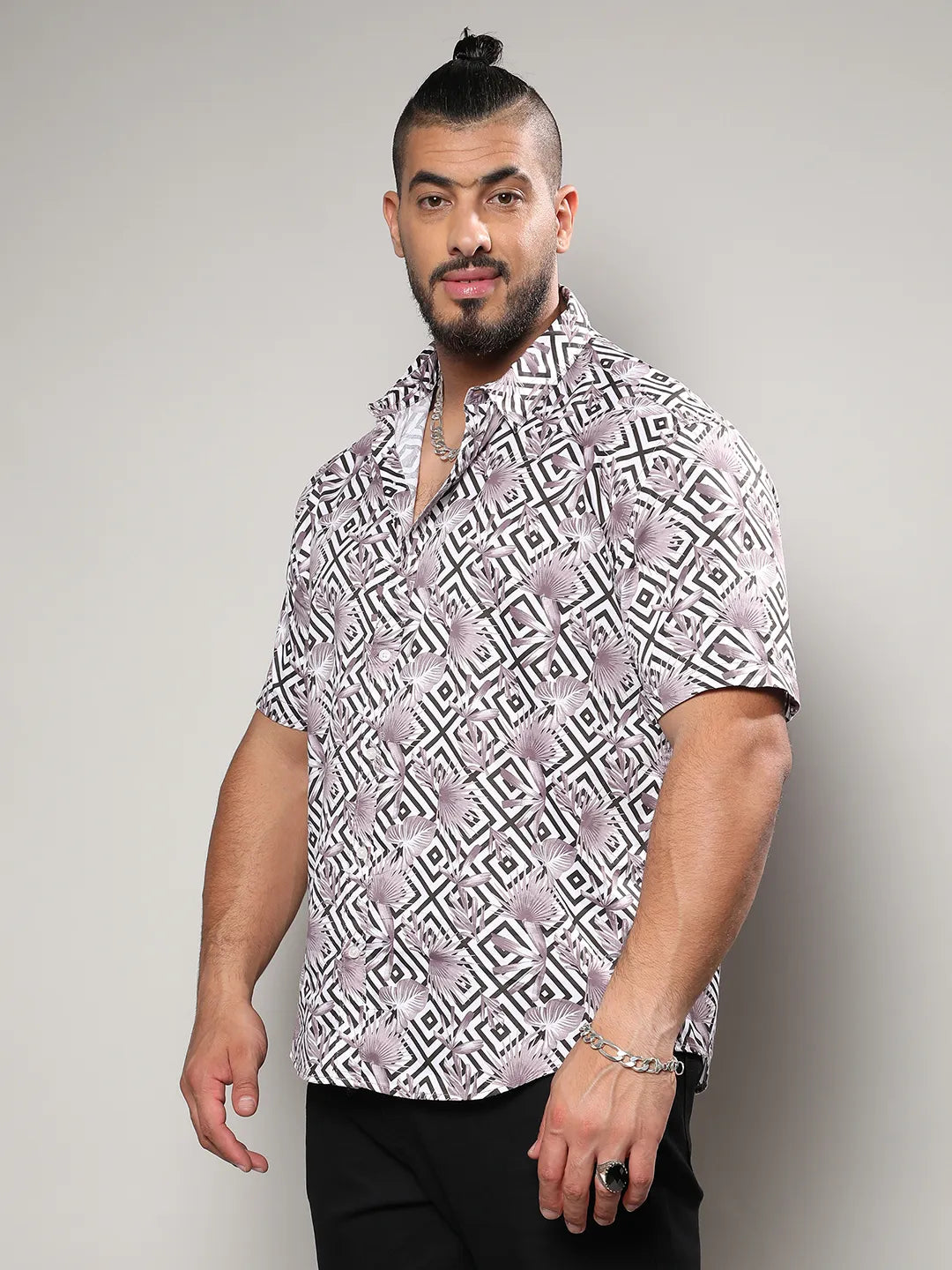 White & Black Geometric Foliage Shirt