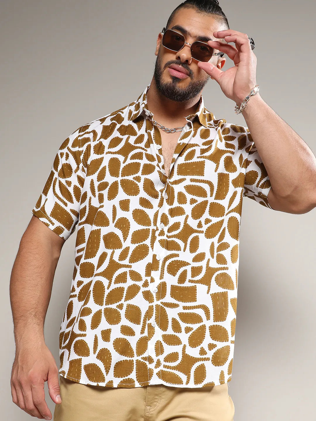 White & Brown Contrast Block Shirt
