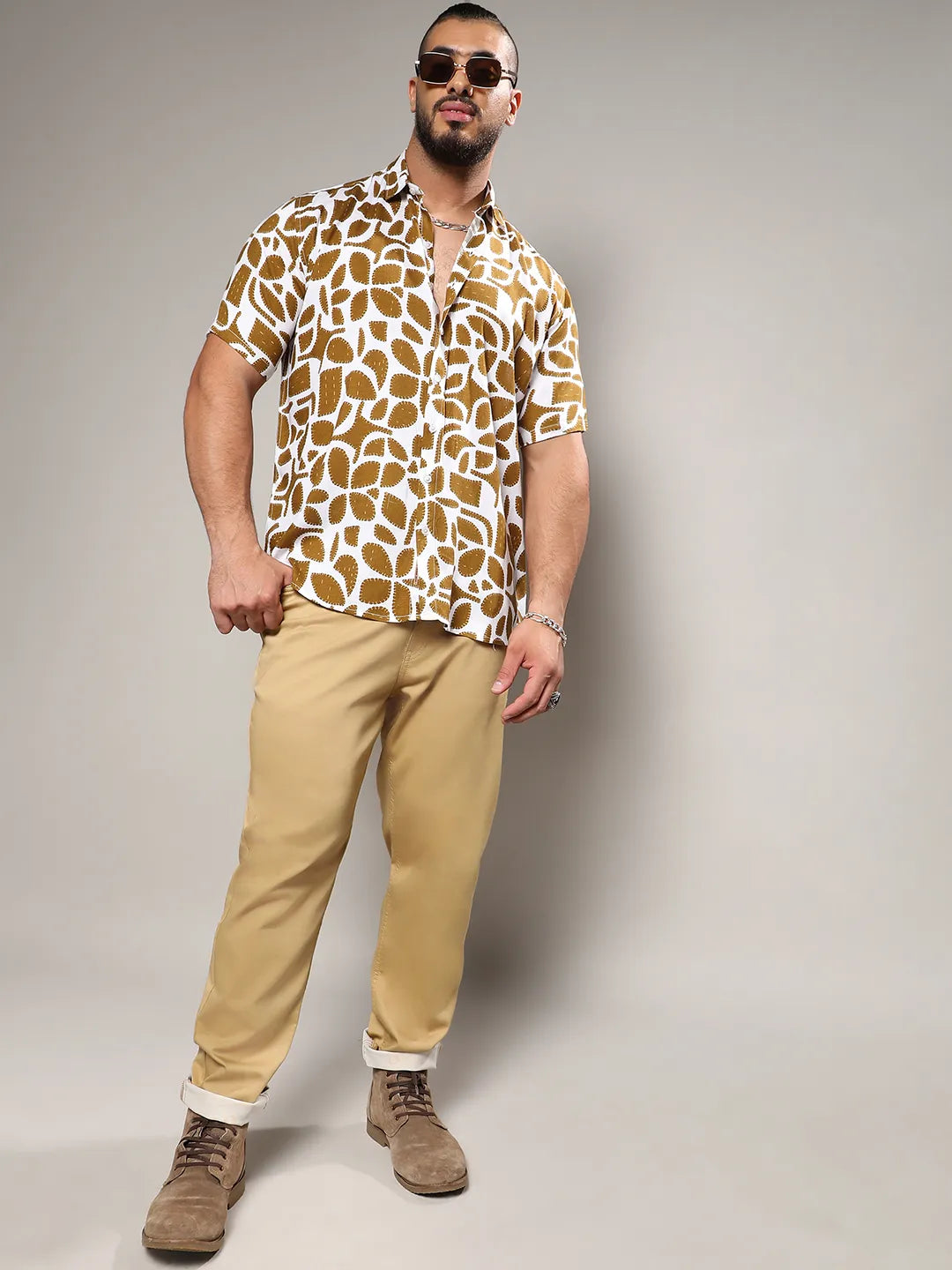 White & Brown Contrast Block Shirt