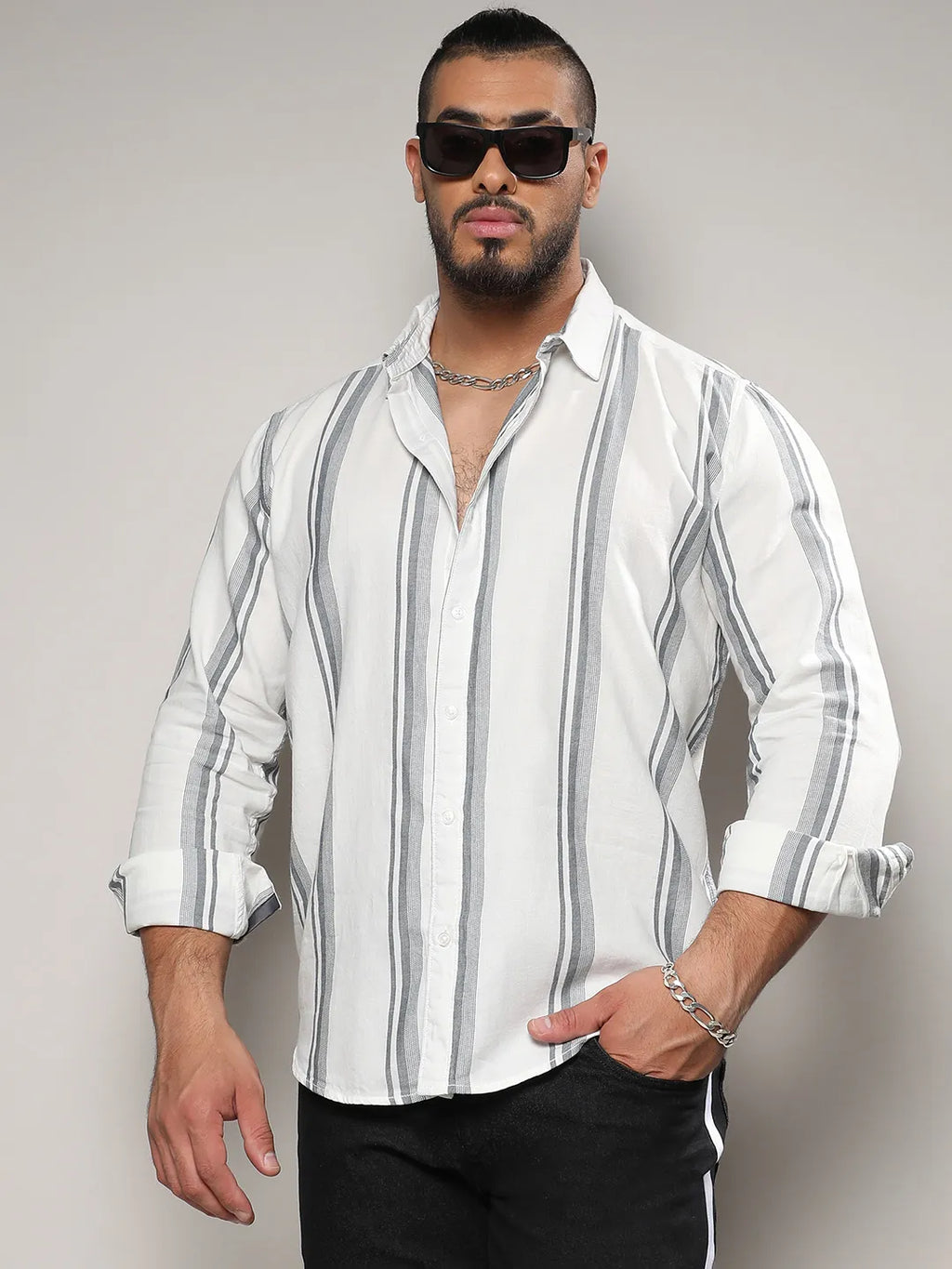 Plus Size Men's White & Dark Grey Barcode Striped Shirt (3XL - 6XL