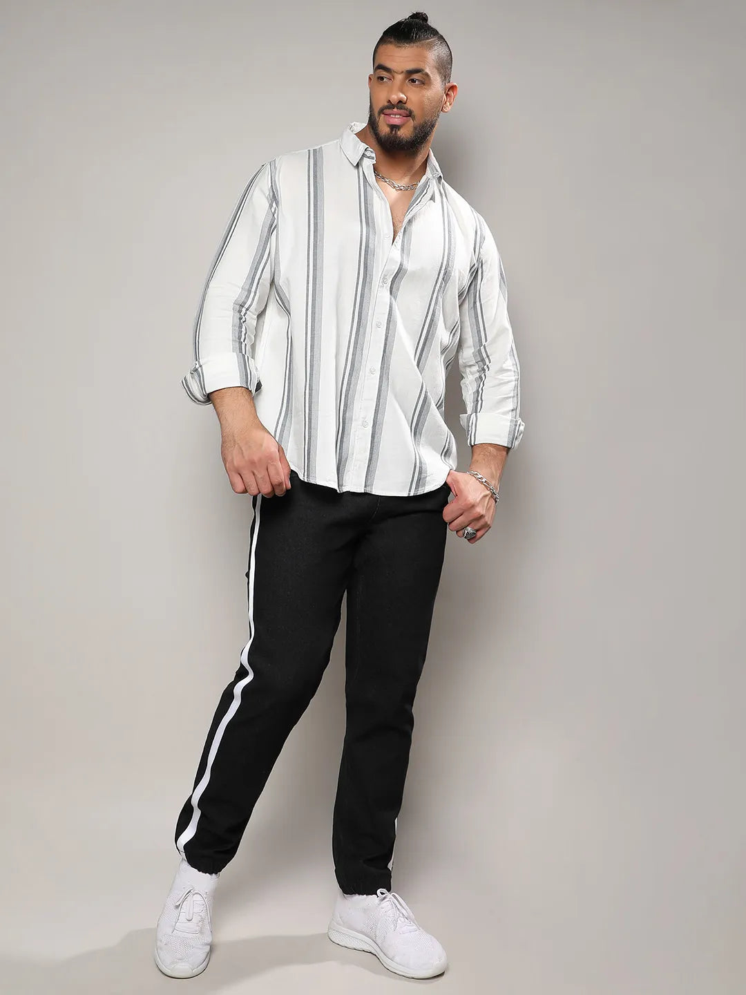 White & Dark Grey Barcode Striped Shirt