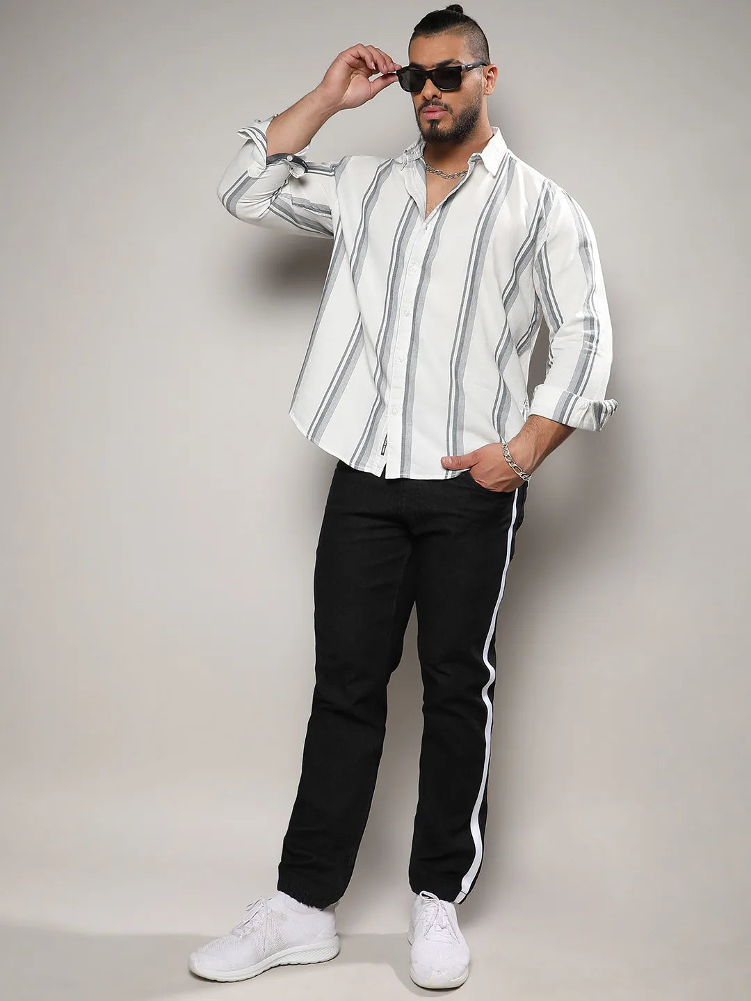 White & Dark Grey Barcode Striped Shirt