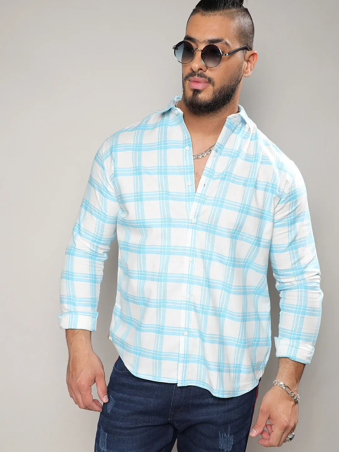 White & Light Blue Tartan Plaid Shirt