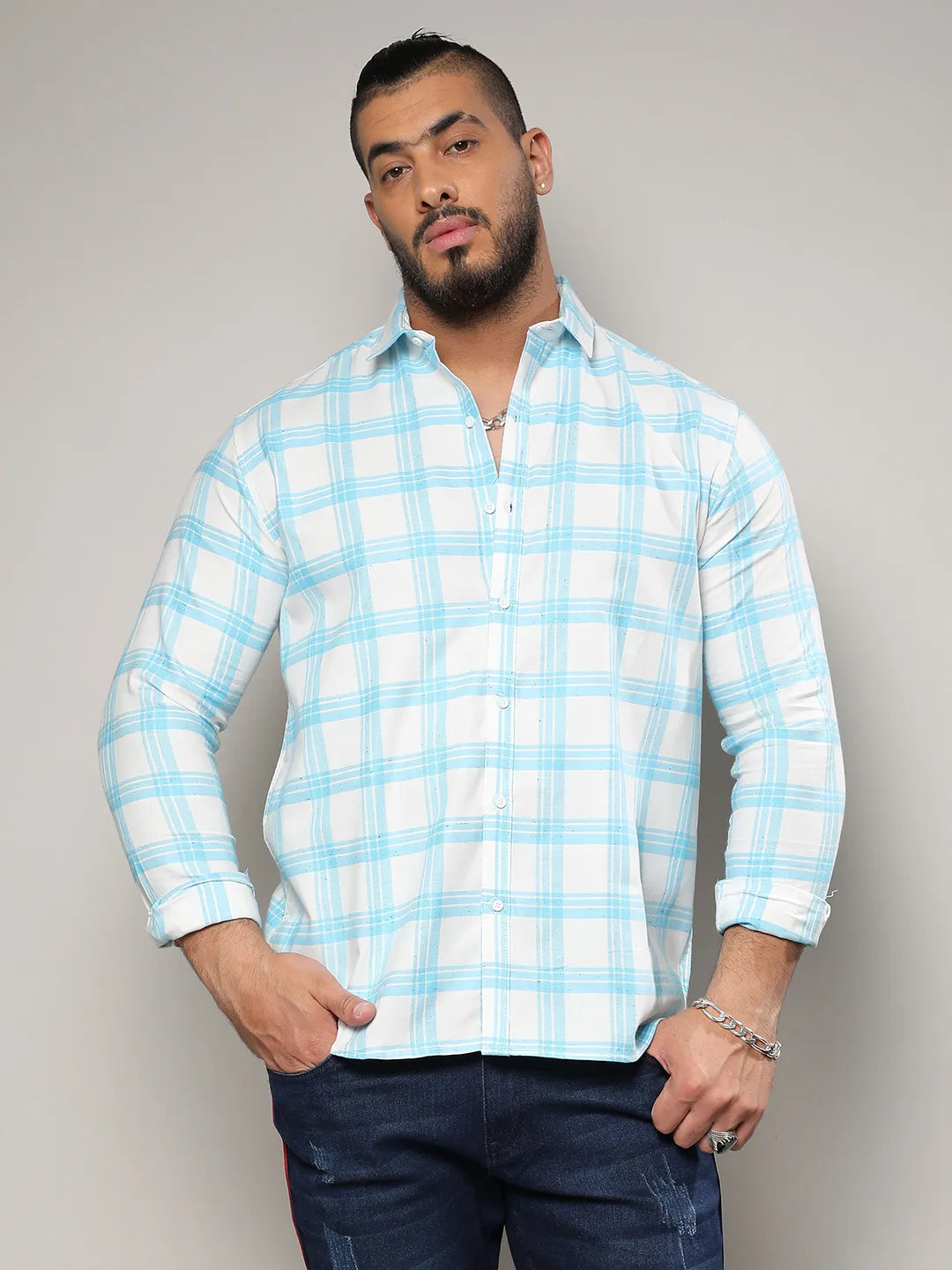 White & Light Blue Tartan Plaid Shirt