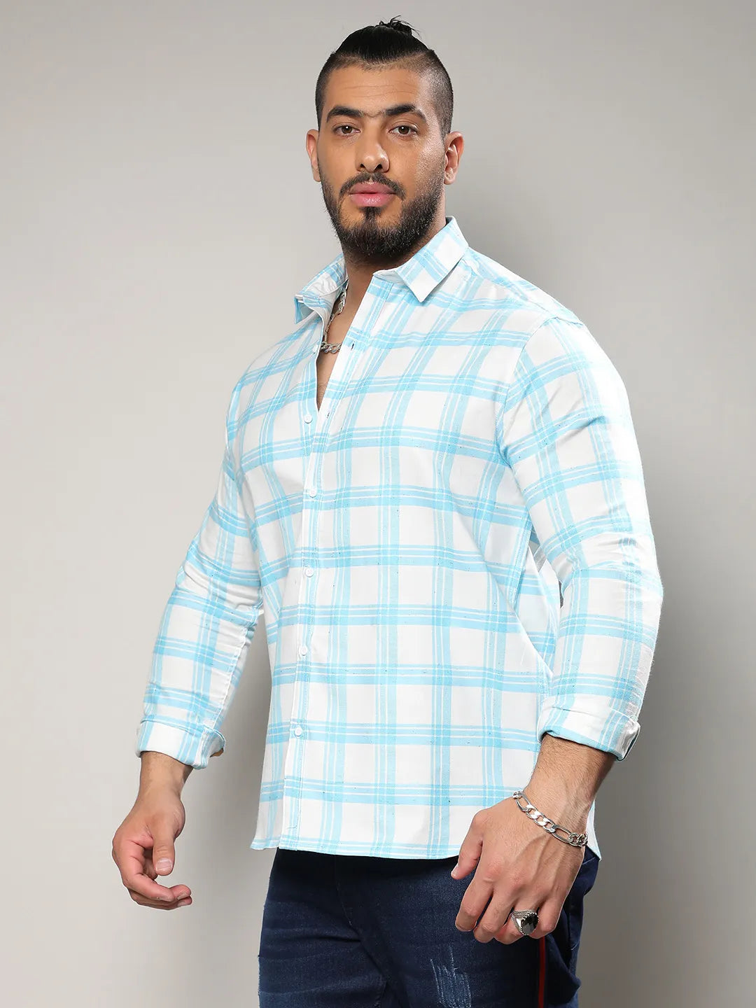 White & Light Blue Tartan Plaid Shirt