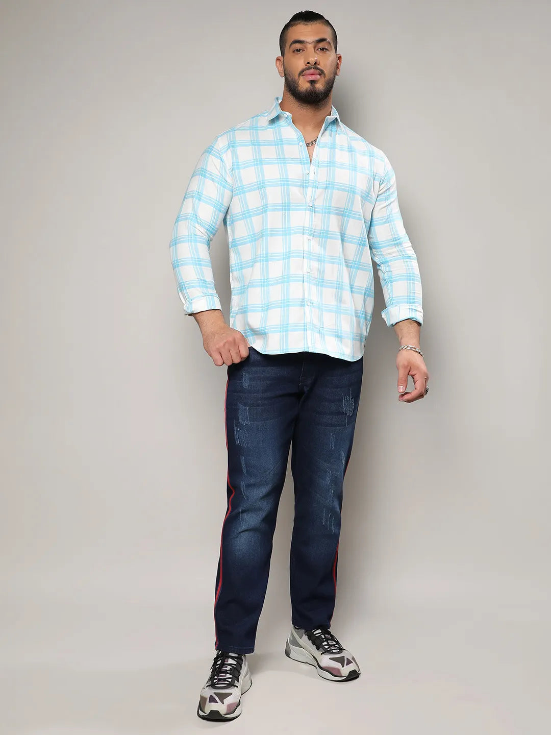 White & Light Blue Tartan Plaid Shirt