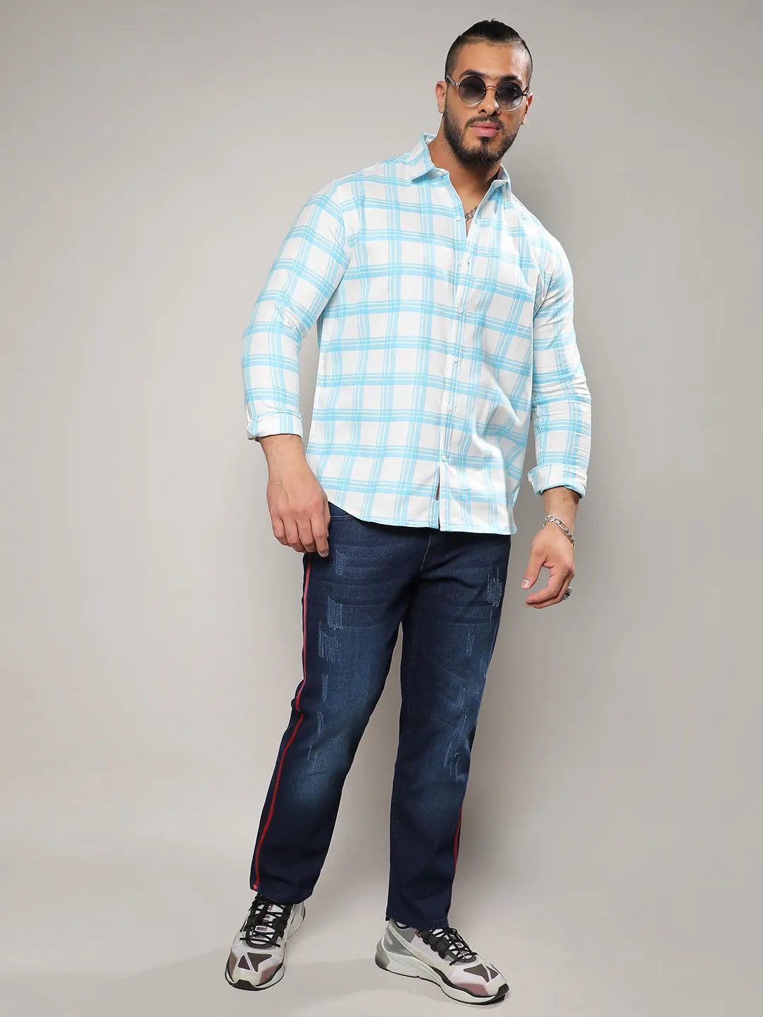 White & Light Blue Tartan Plaid Shirt