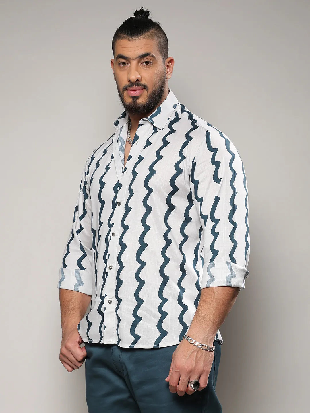 White & Navy Blue Contrast Paint Lines Shirt