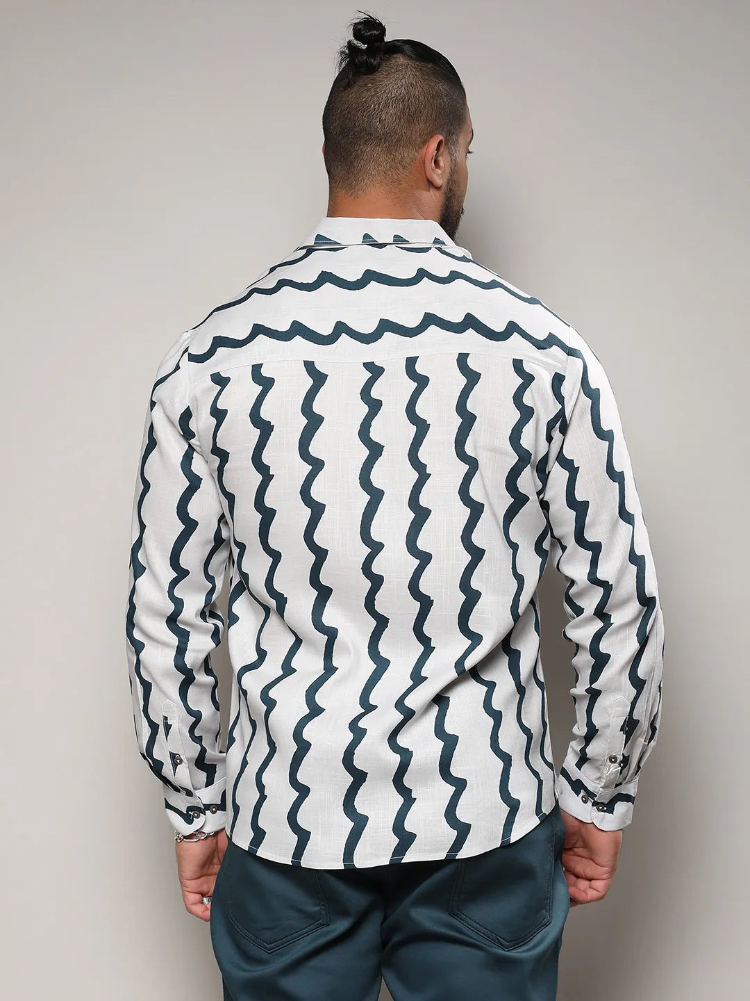 White & Navy Blue Contrast Paint Lines Shirt
