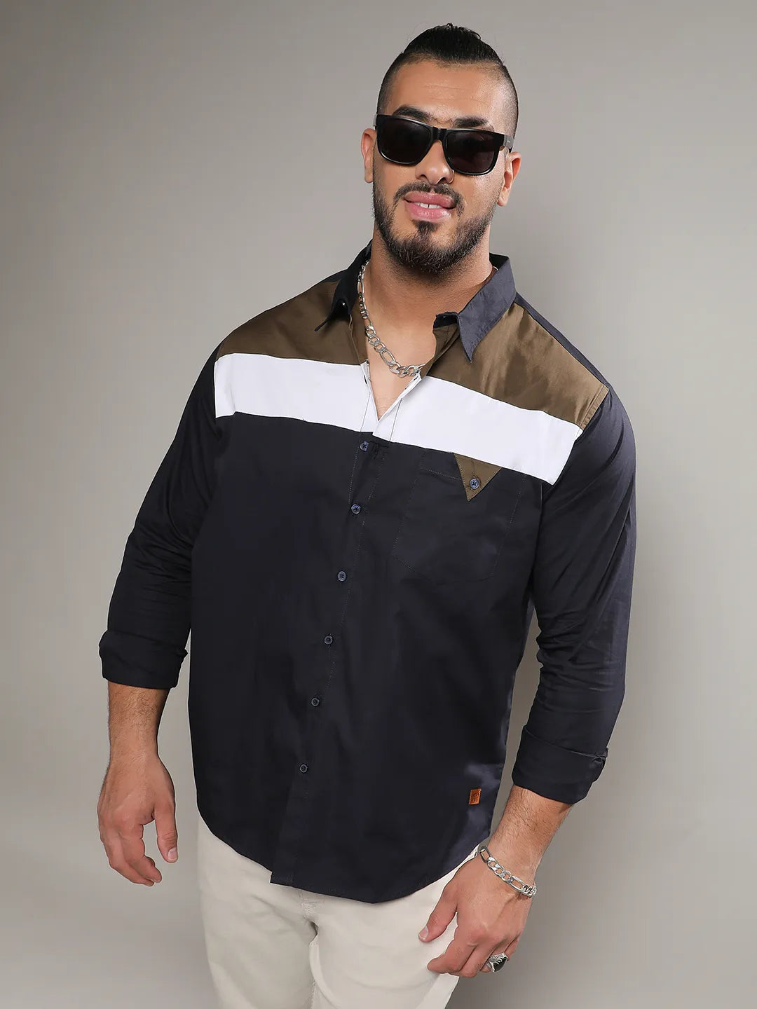 Navy Blue Colourblocked Casual Shirt