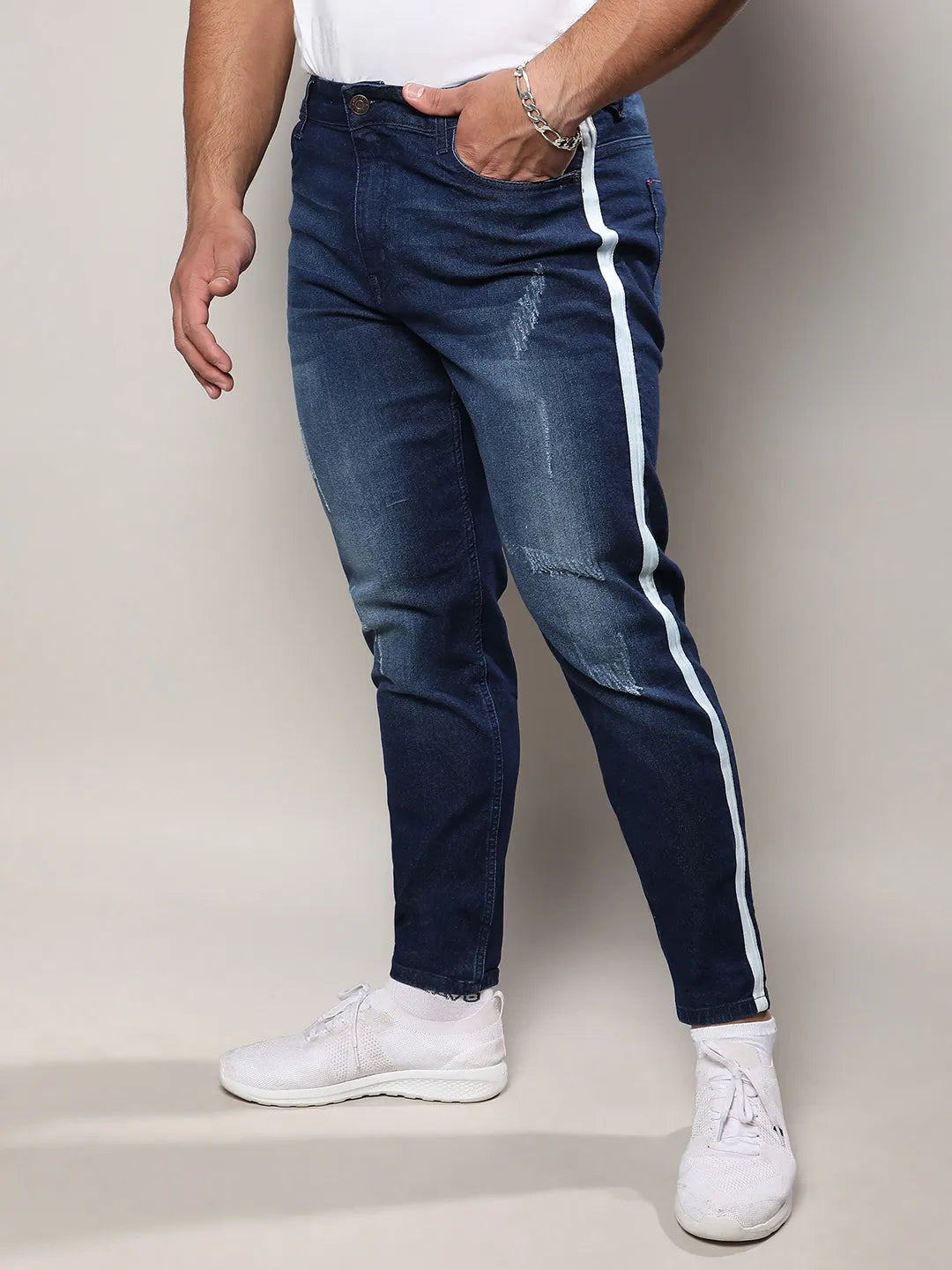 Navy Blue Side-Striped Denim Jeans