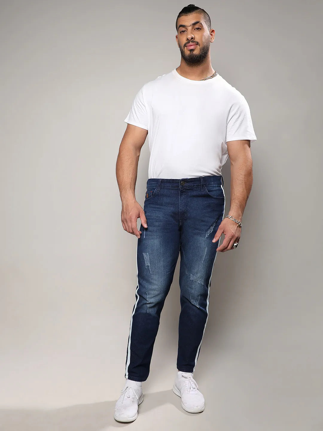 Navy Blue Side-Striped Denim Jeans
