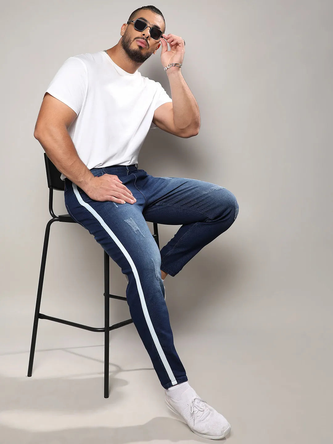 Navy Blue Side-Striped Denim Jeans