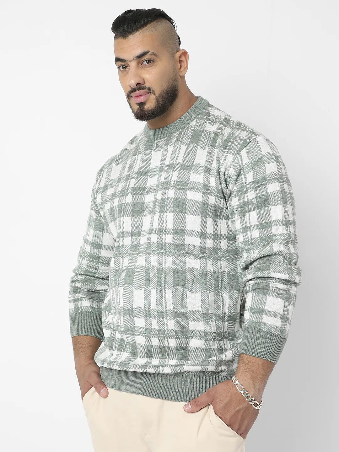Olive Green Tartan Plaid Knitted Pullover Sweater