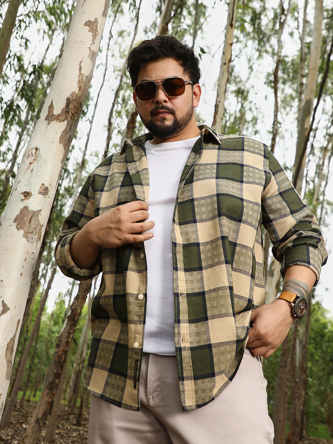 Instafab Plus Men's Olive Green & Buff Beige Grid-Buffalo Check