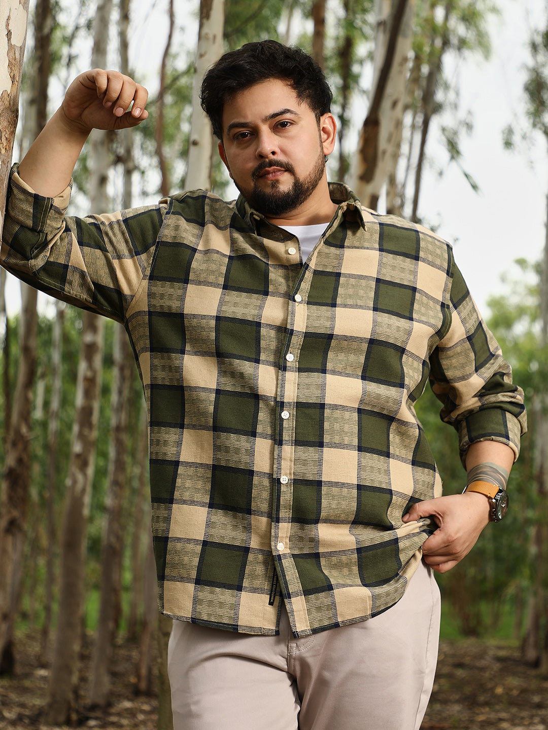 Instafab Plus Men's Olive Green & Buff Beige Grid-Buffalo Check
