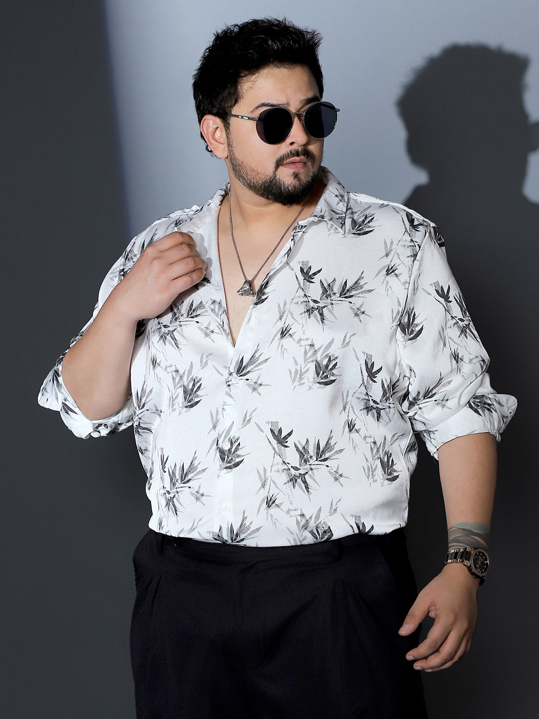 Faded-Leaf Imprint Satin Shirt