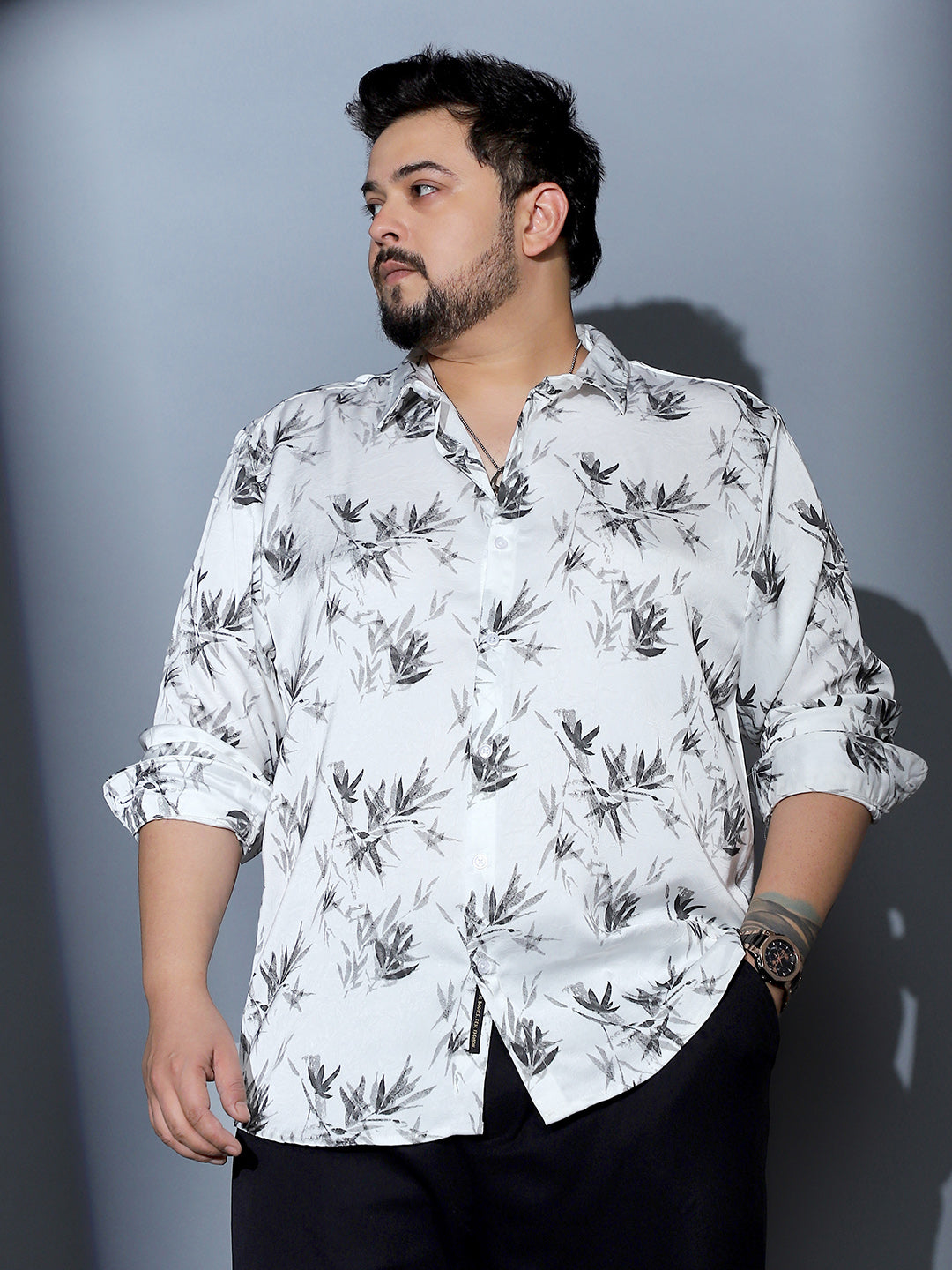 Faded-Leaf Imprint Satin Shirt