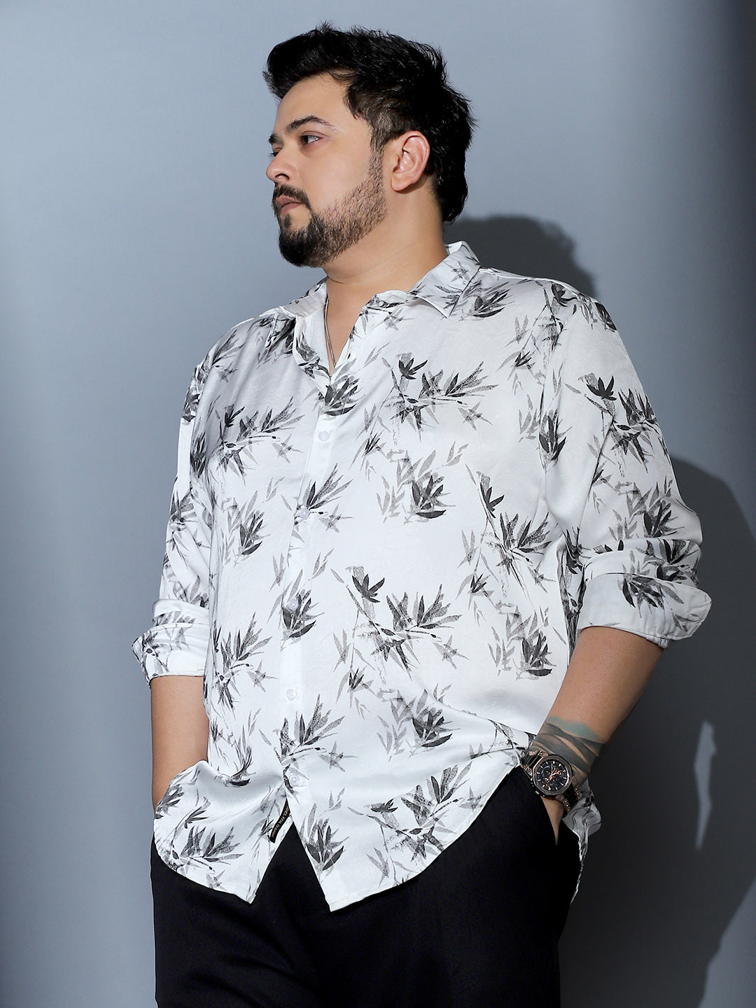 Faded-Leaf Imprint Satin Shirt