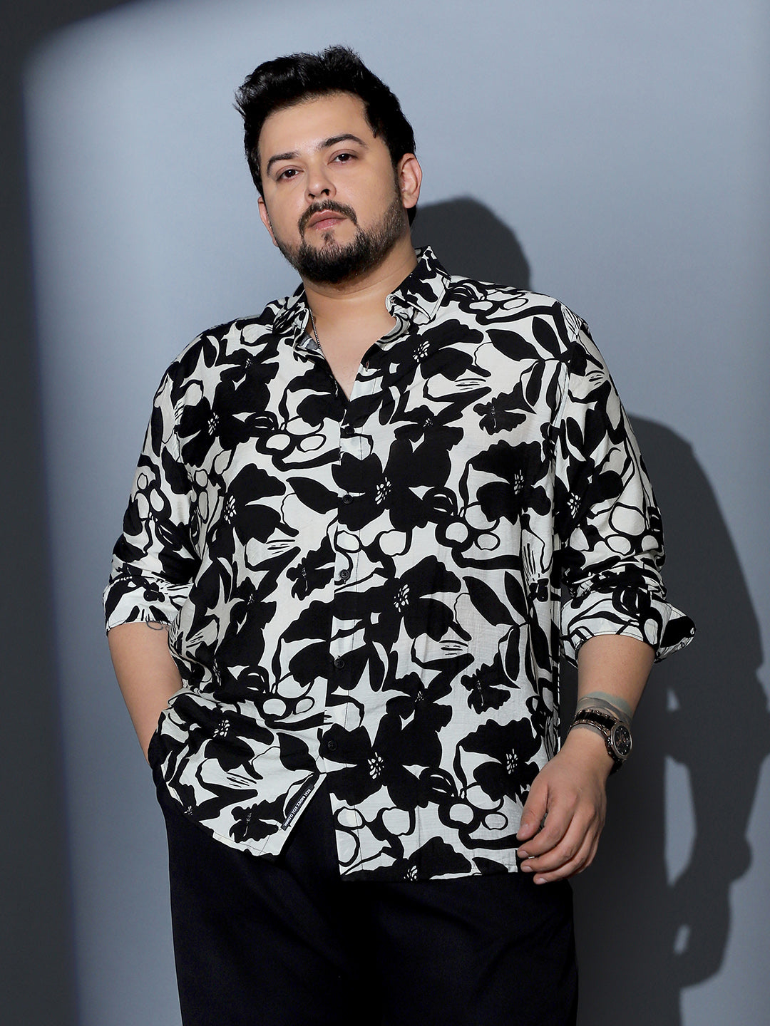 Contrast-Botanical Imprint Shirt