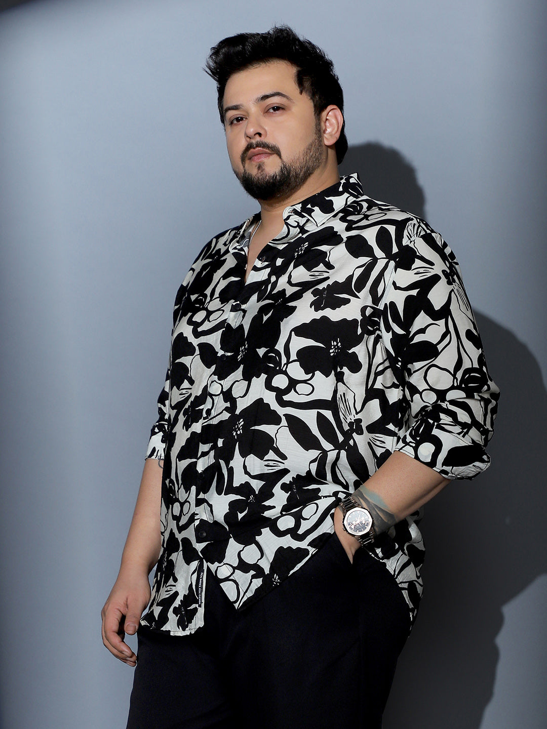 Contrast-Botanical Imprint Shirt