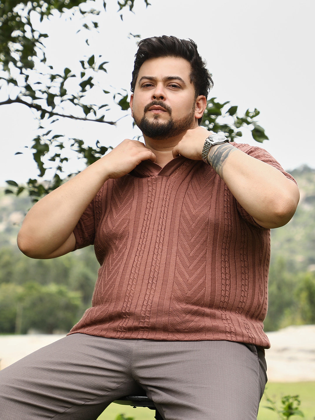Geometric-Textured Polo T-Shirt