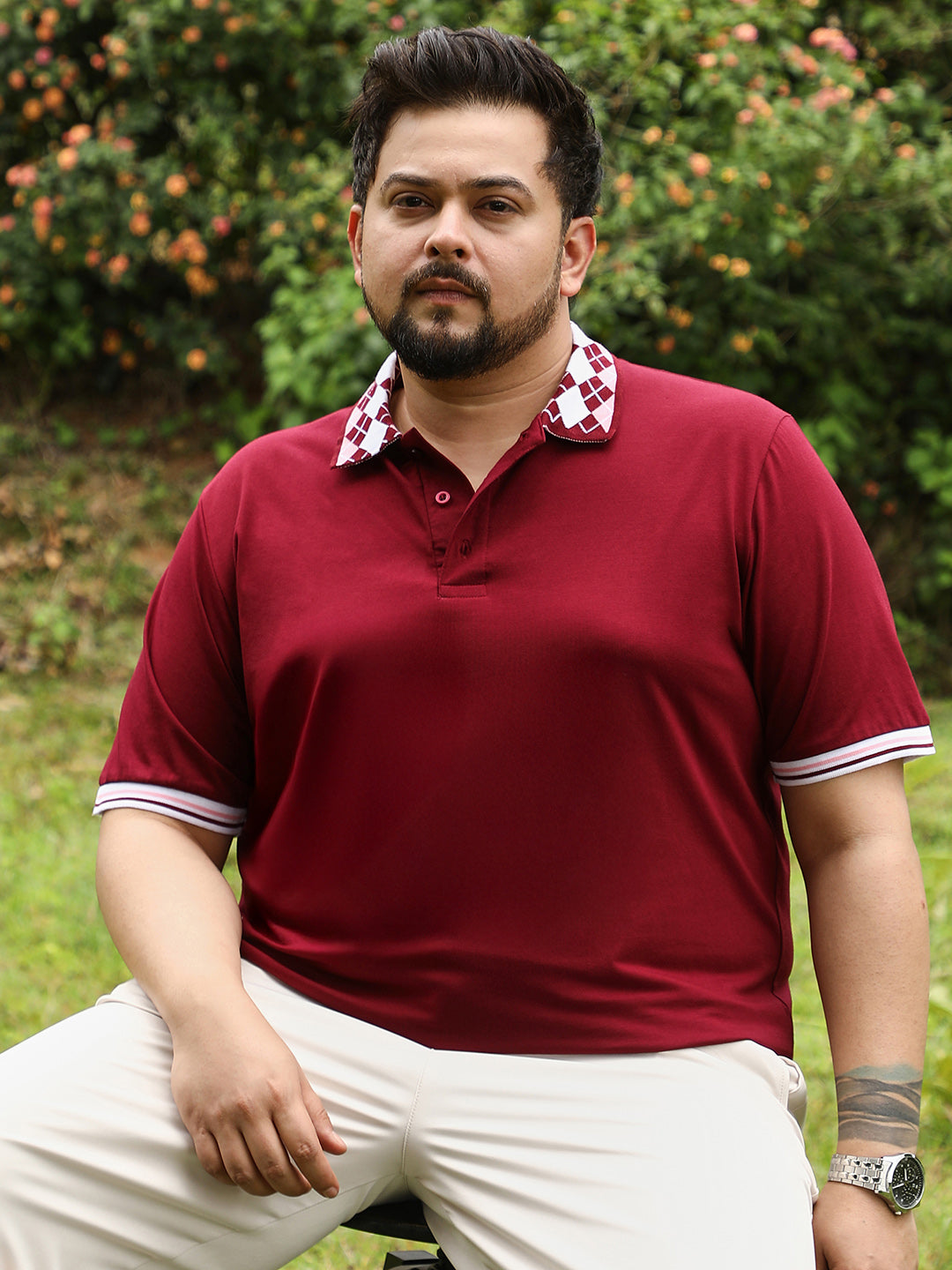 Block Argyle-Knit Polo T-Shirt
