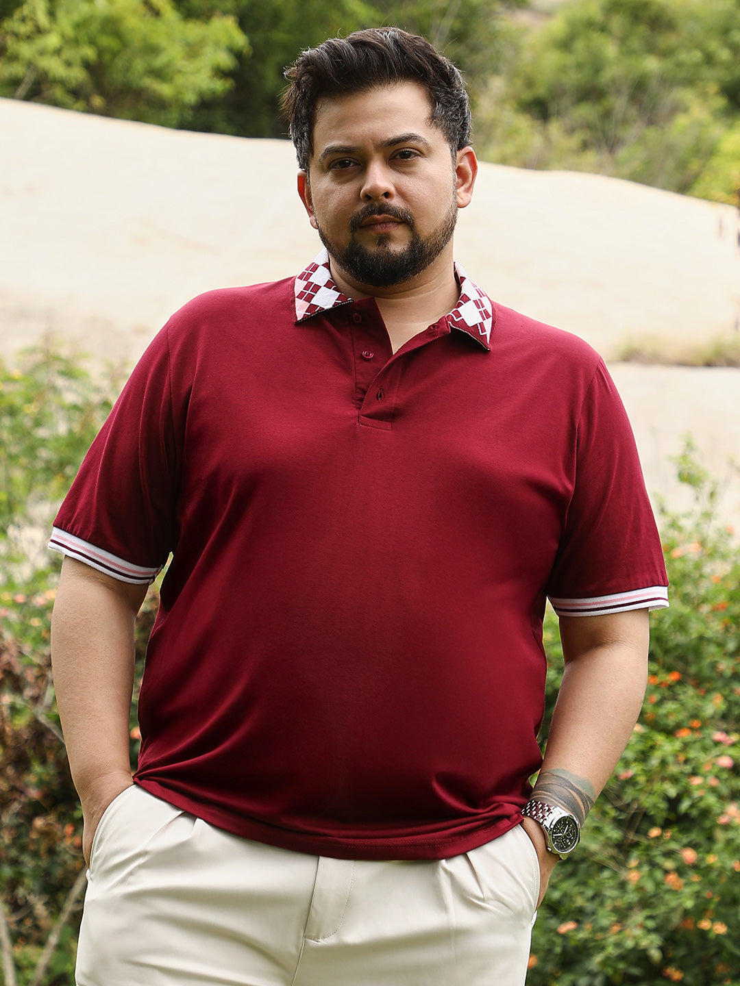 Block Argyle-Knit Polo T-Shirt
