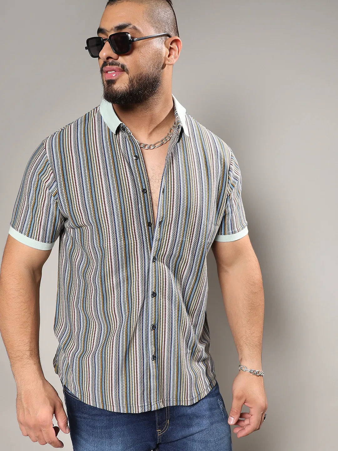 Sage Green Contrast Knitted Shirt