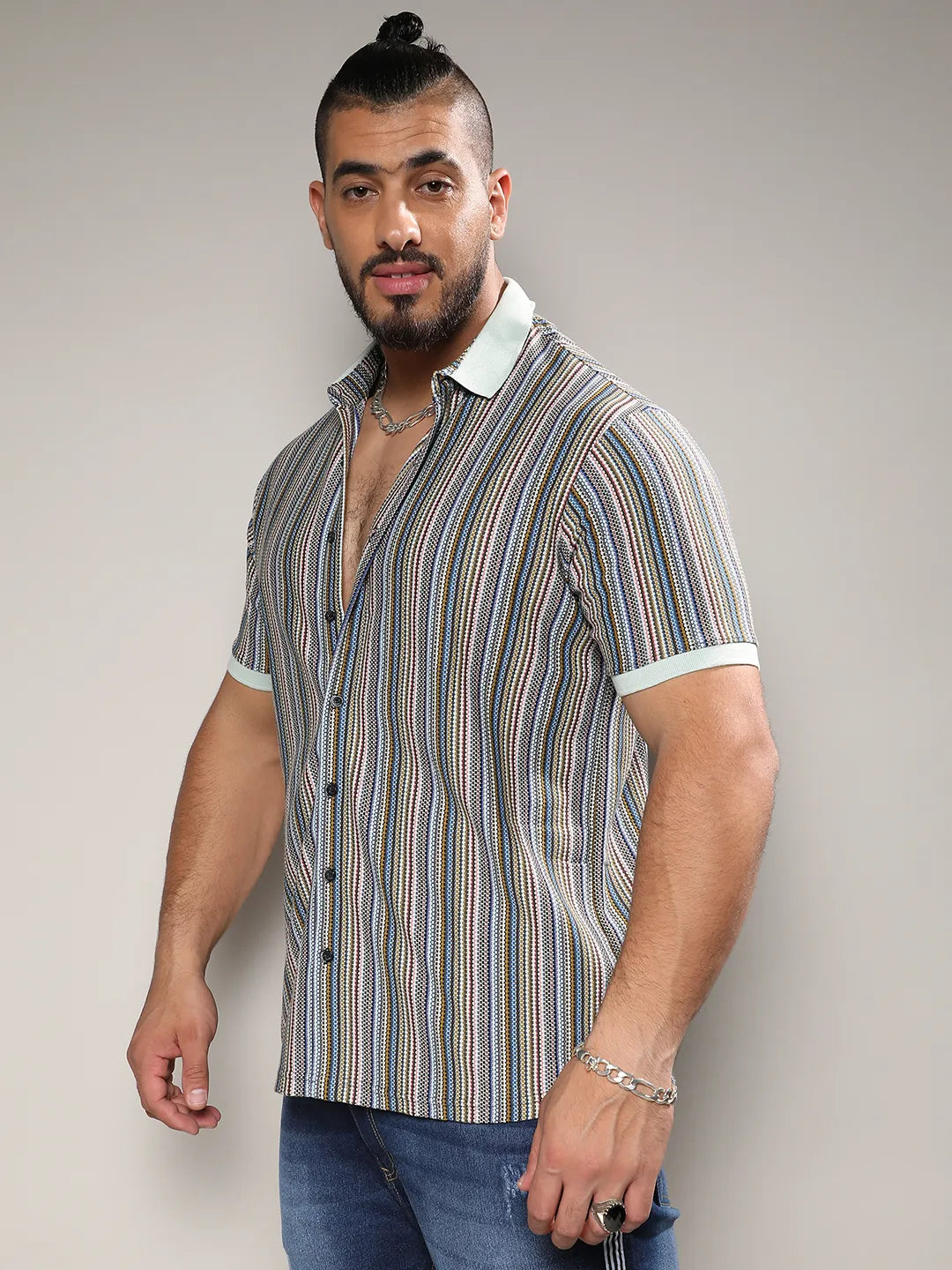 Sage Green Contrast Knitted Shirt