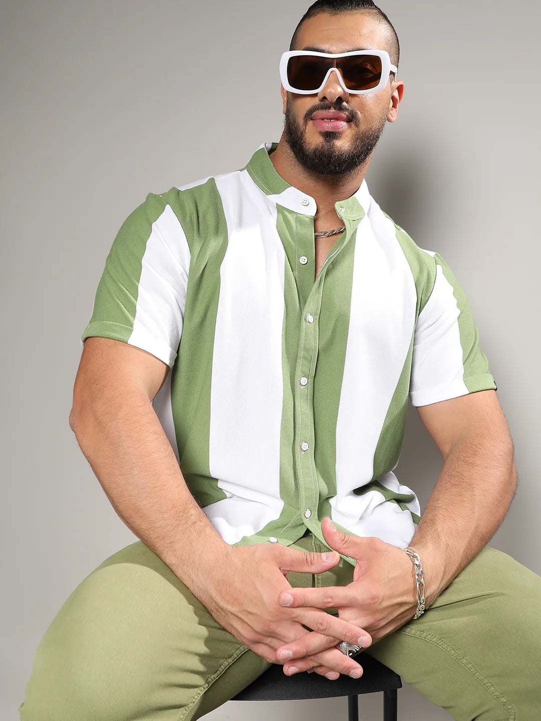 White And Green Striped Casual Shirt