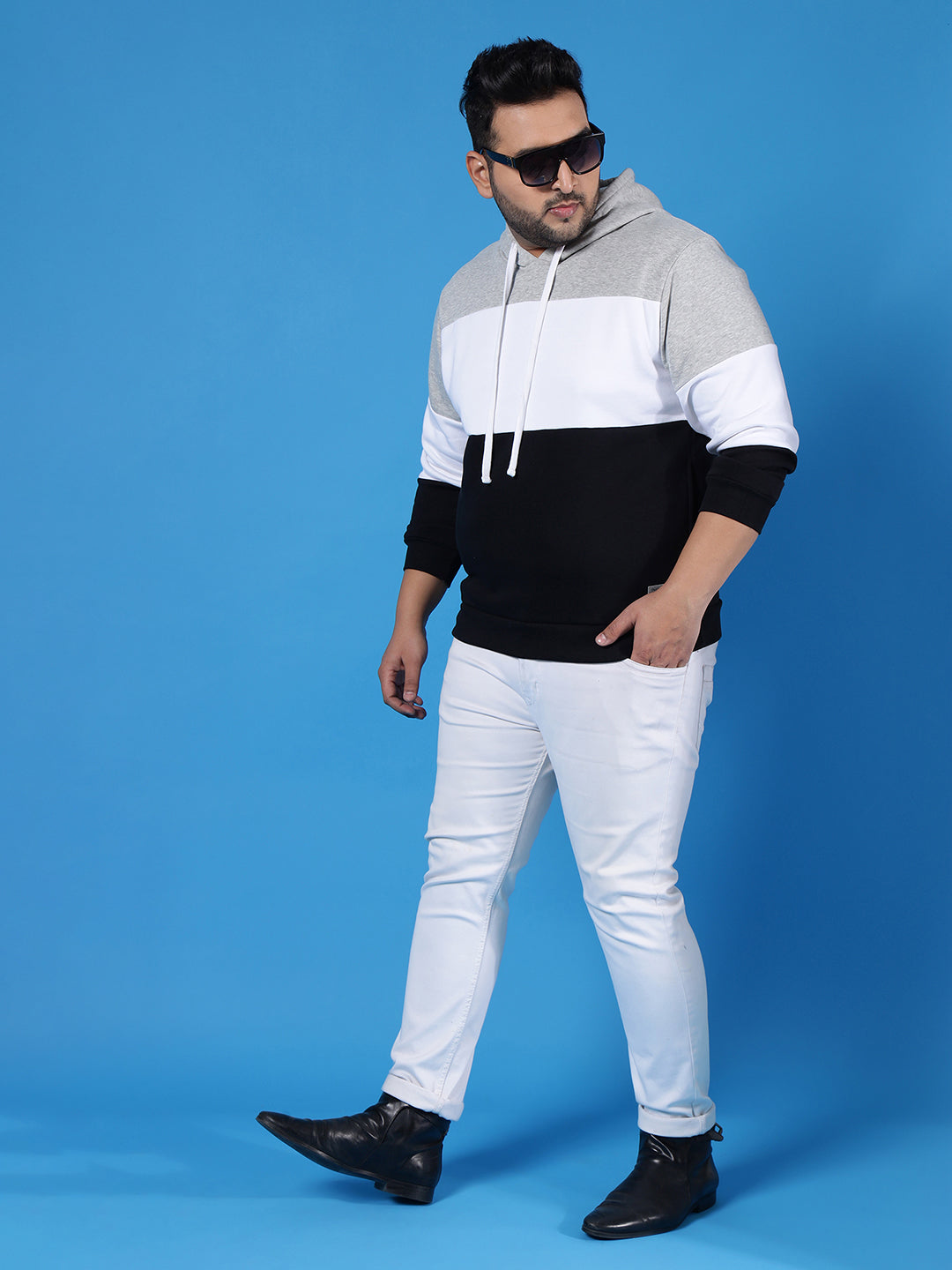 PLUS SIZE MEN COLORBLOCK FULL SLEEVE HOODED CASUAL SWEATSHIRT