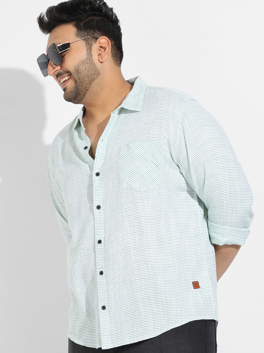 White & Green Horizontal Chalk Striped Shirt