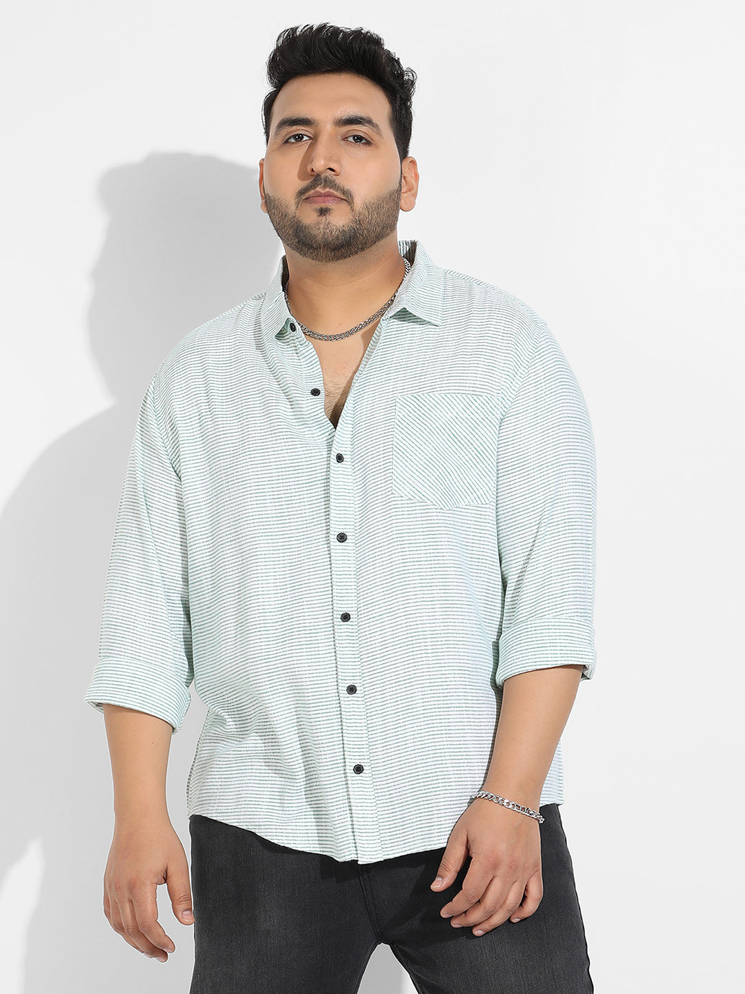 White & Green Horizontal Chalk Striped Shirt