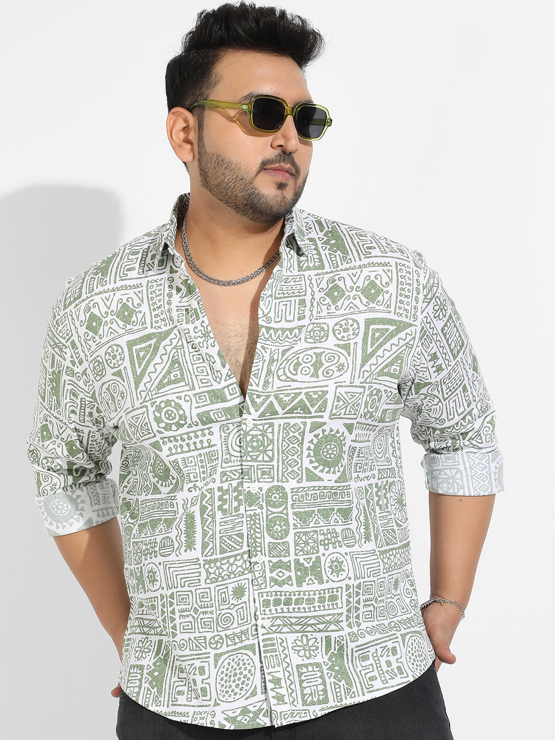 Sage Green Contrast Aztec Shirt