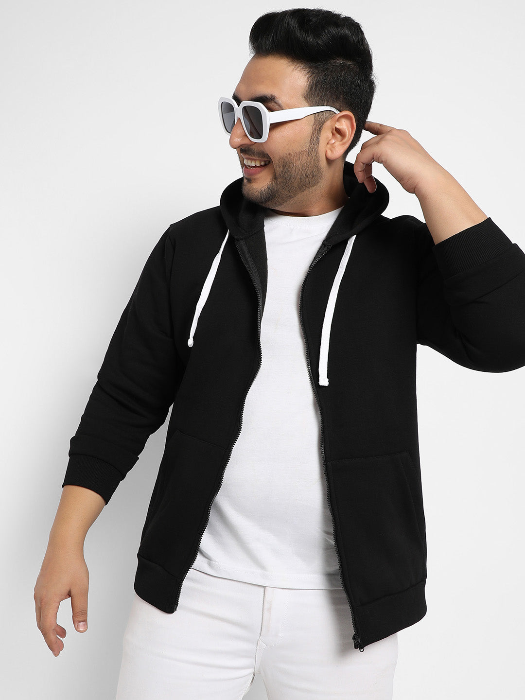 Black Zip-Front Hoodie With Contrast Drawstring